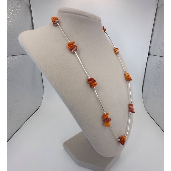 Womens Necklace RARE 18" Spiny Oyster Liquid Silver Natural Gemstone Boho Navajo - Picture 2 of 3